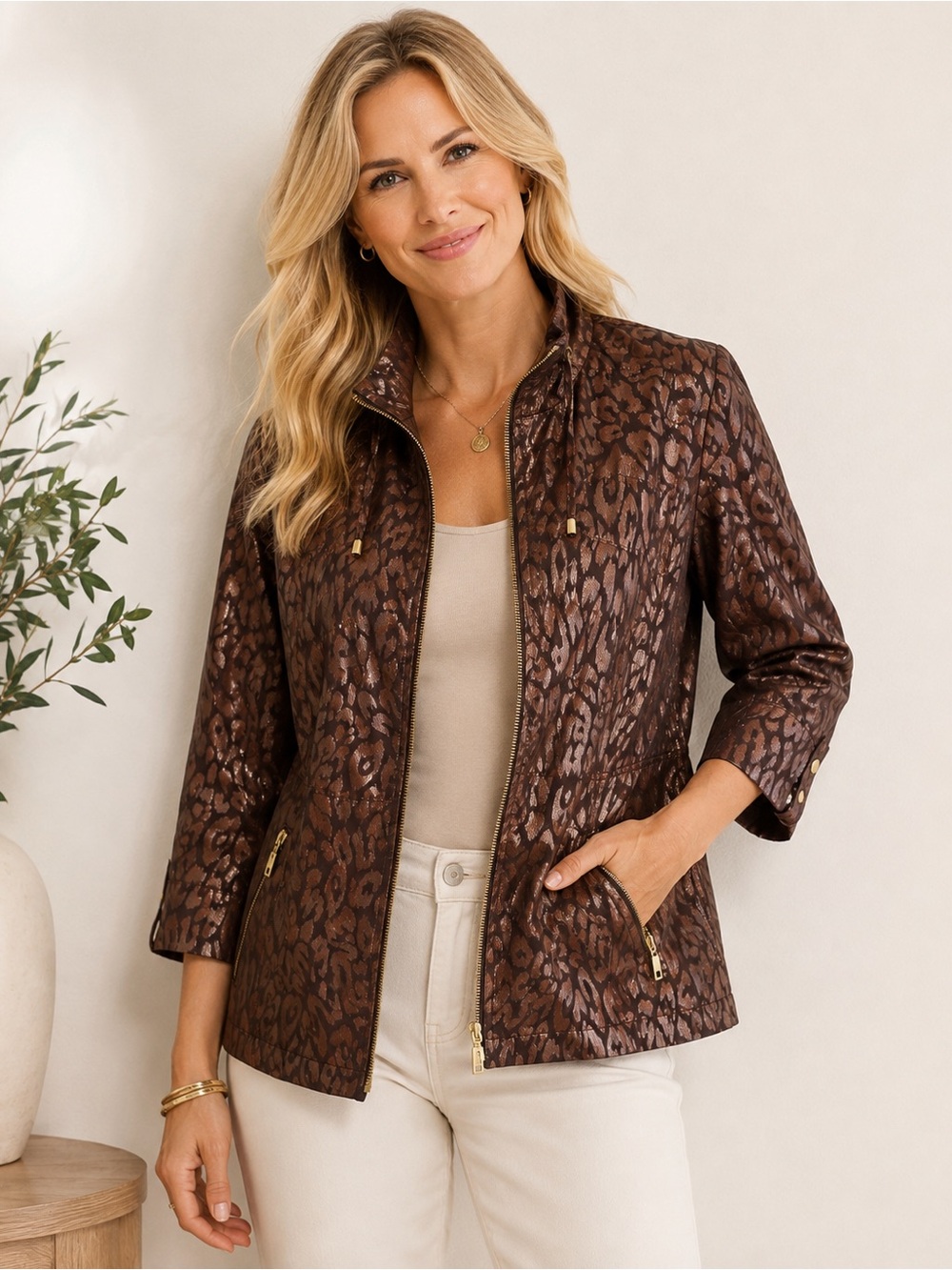 Chico’s Zenergy Leopard Print Zip Jacket Women’s Size 2 (L) Brown Burgandy